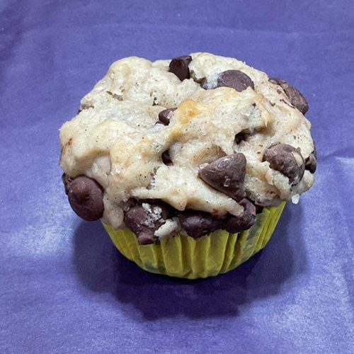 A muffin with chocolate chips and coconut on top.
